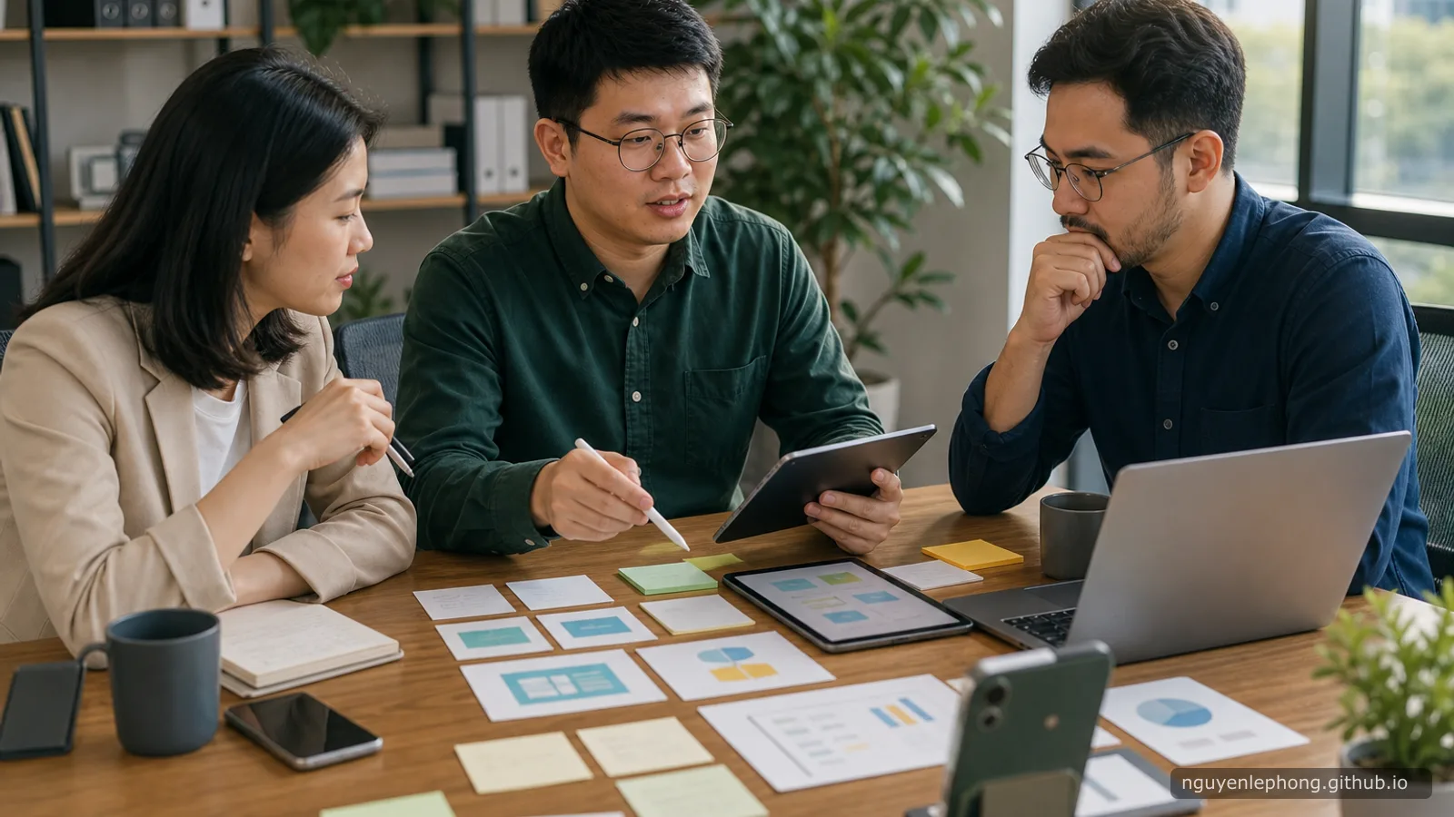Phong and two teammates sort AI trend notes across a tablet, phone, and printed cards at a bright office desk.
