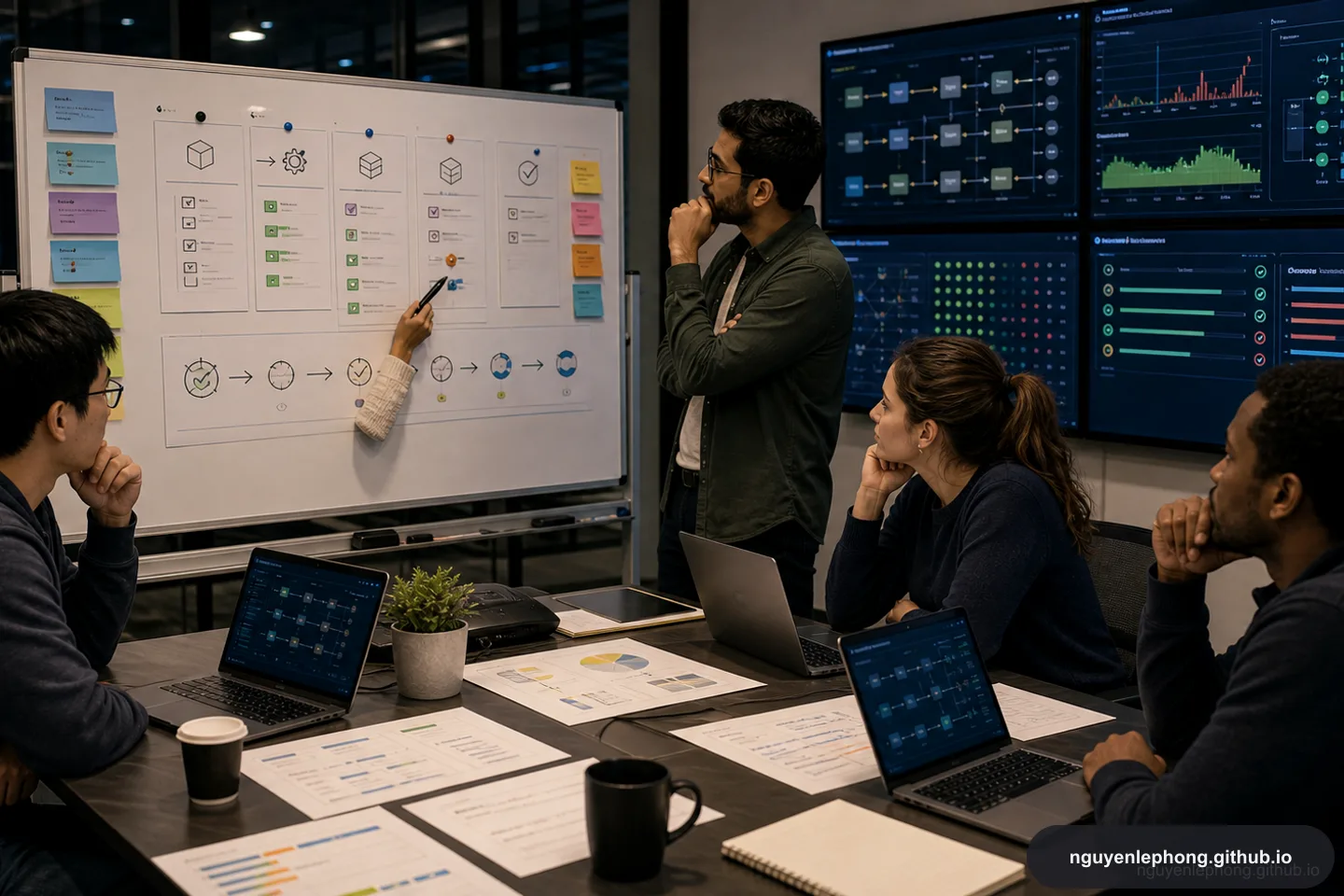 A small team reviews an AI-assisted workflow together before approving what will be sent or saved.