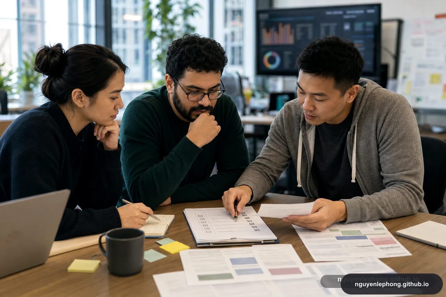 Colleagues check a workflow checklist, the draft output, and the likely payoff before letting the process run further.