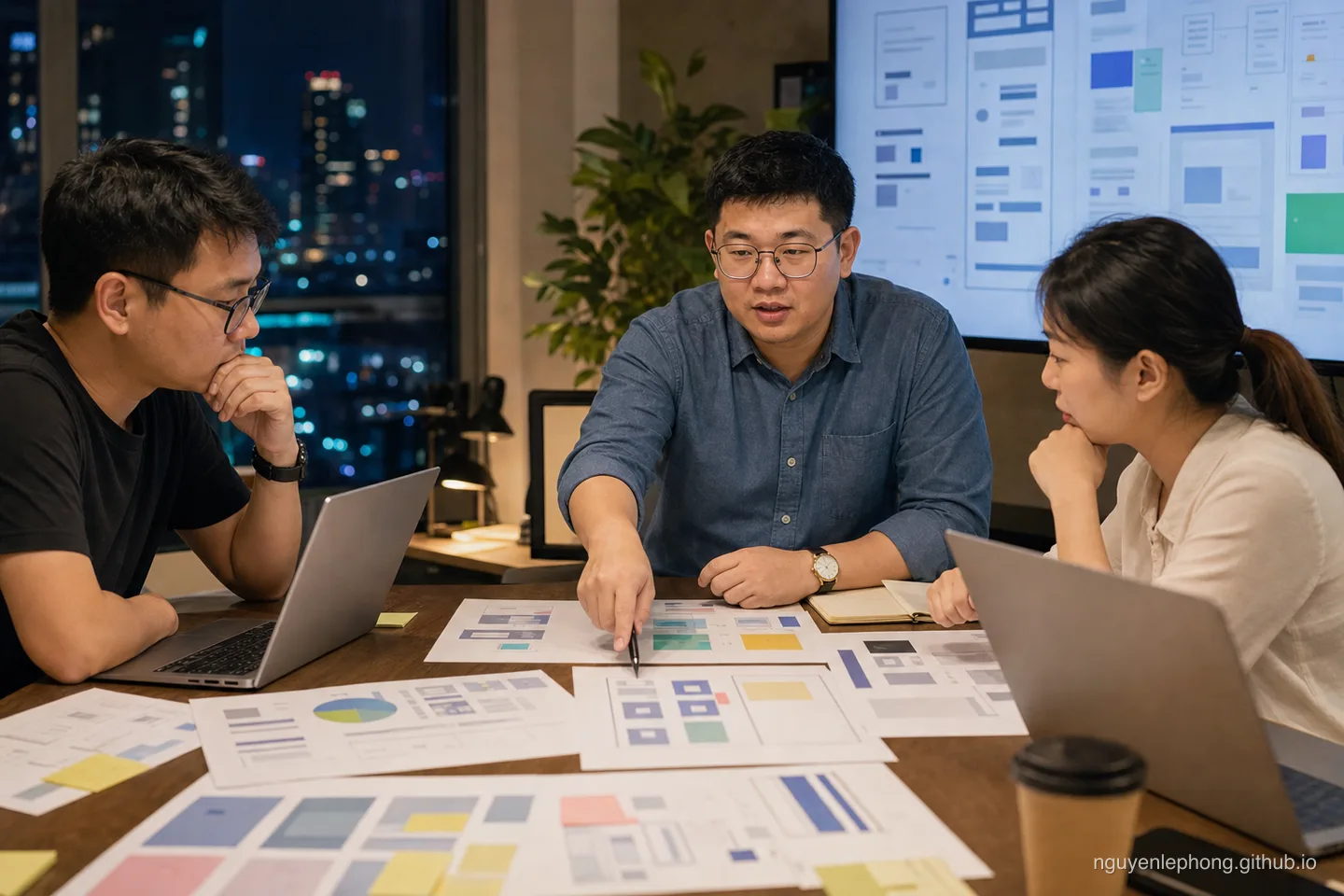Phong leads a late product discussion with two teammates, pointing the room toward a bolder next move while everyone weighs the risk.