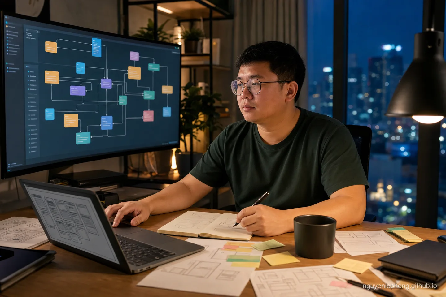 Phong works alone across a large monitor, laptop, and notebook, shaping a software system that once would have needed a much larger team to build.