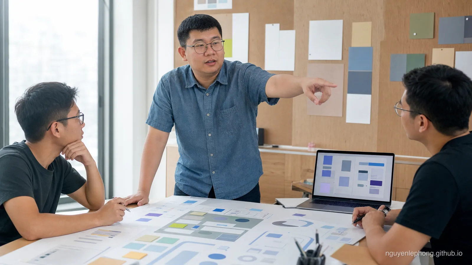 Phong stands over a planning table with two teammates, turning abstract product possibilities into a larger AI-enabled direction instead of settling for a small efficiency tweak.