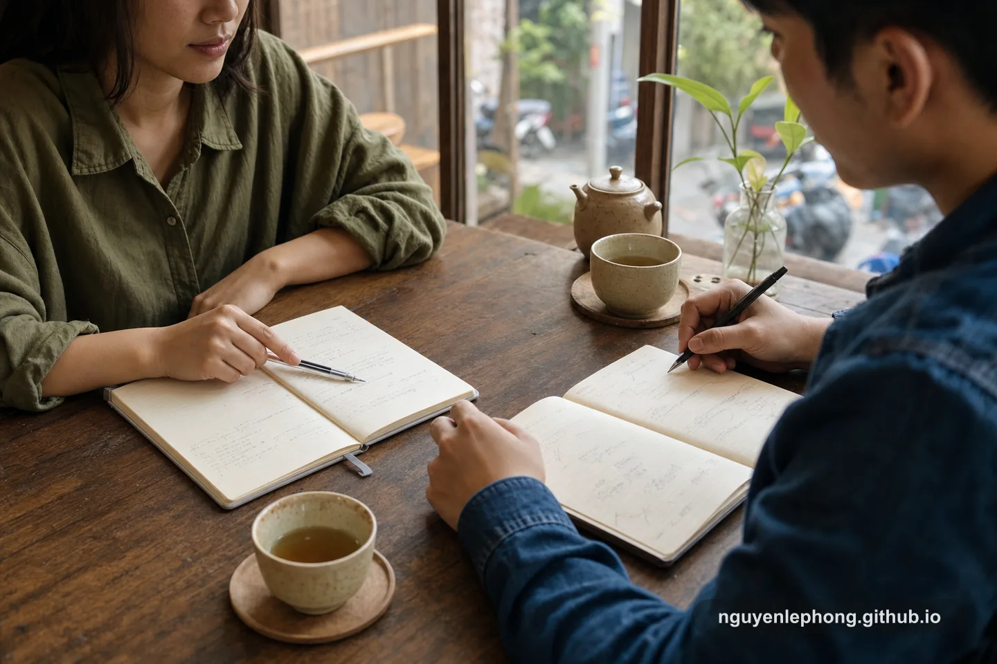 Hai đồng nghiệp ngồi ở bàn cafe gỗ với trà và sổ tay, cùng đối chiếu ghi chú để cuộc nói chuyện thuộc về cả hai thay vì thành một buổi cập nhật trạng thái.