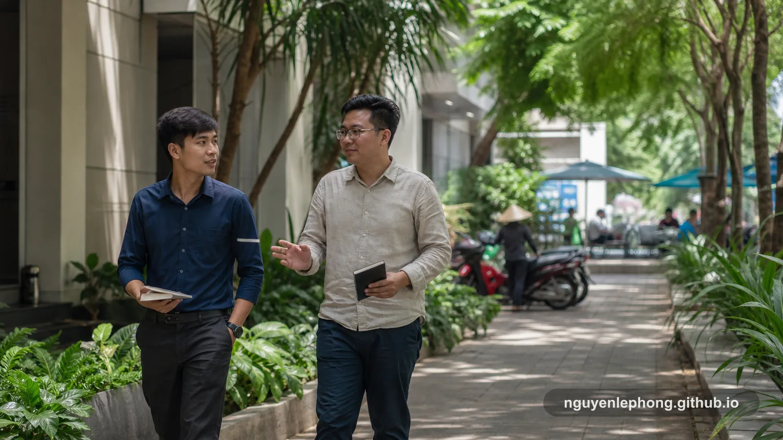 Hai đồng nghiệp đi bộ qua lối sân rợp cây trước giờ ăn trưa, cầm sổ tay nhỏ và dùng quãng ngắn đó như thời gian được bảo vệ cho một buổi 1-on-1 thật sự.