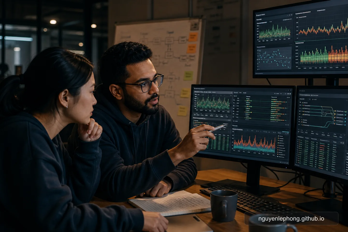 An on-call engineer and teammate review gateway dashboards with latency charts and trace flows during a partial failure.