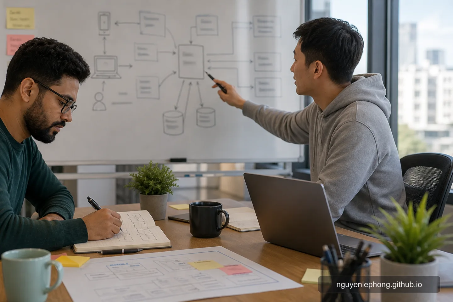 Two backend teammates map request flow around an API gateway on a whiteboard while sketching how routes reach downstream services.