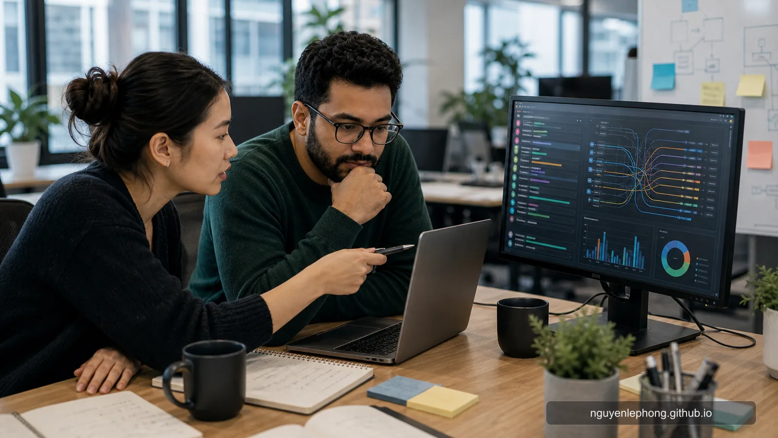 Two engineers review a customer profile problem at a desk while a service-call dashboard shows the edge of the system getting noisy.