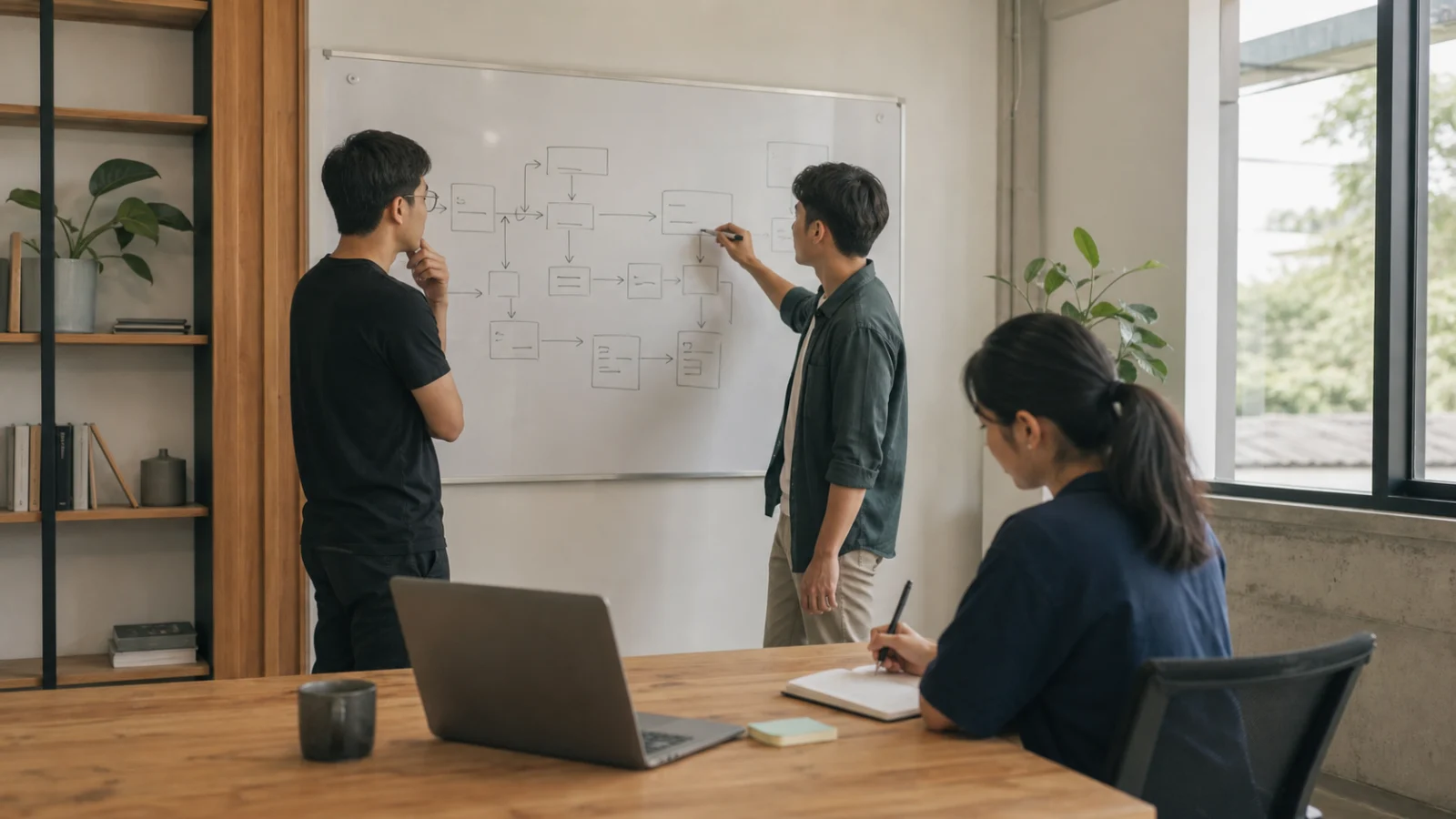 Hai kỹ sư sắp xếp ghi chú architecture decision trong một workspace bình tĩnh, để context rõ ràng cho teammate tương lai.