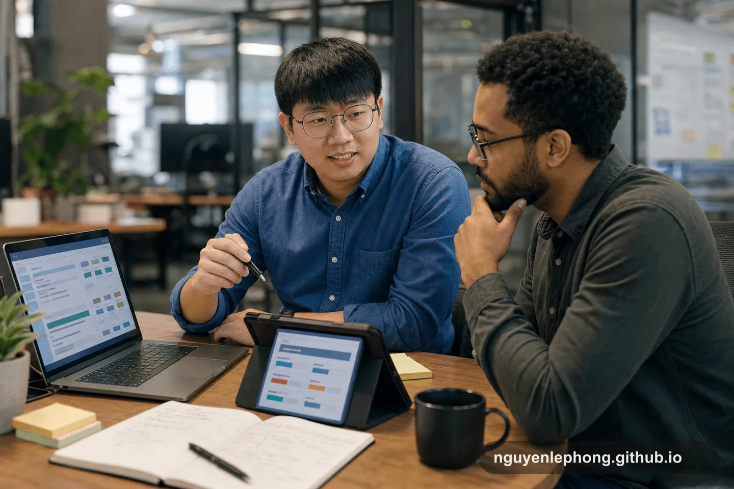 Hai engineer so sánh laptop, tablet và ghi chú viết tay để quyết định cách tinh chỉnh một commit message do AI gợi ý.