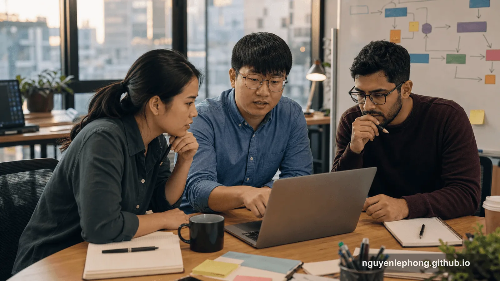 Ba engineer cùng xem lại một bug cũ quanh chiếc laptop, dùng ghi chú và sơ đồ để khôi phục phần context đã bị mất.