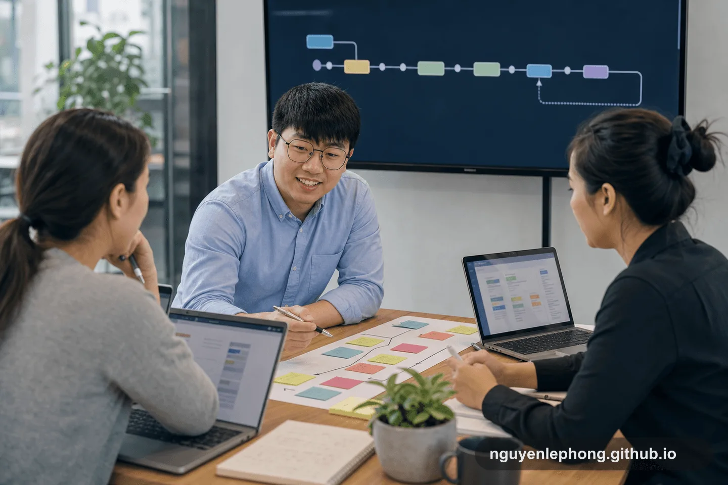 Một nhóm nhỏ sắp xếp chuỗi thay đổi kỹ thuật và checkpoint review trên bàn trong lúc bàn về rủi ro rollback.