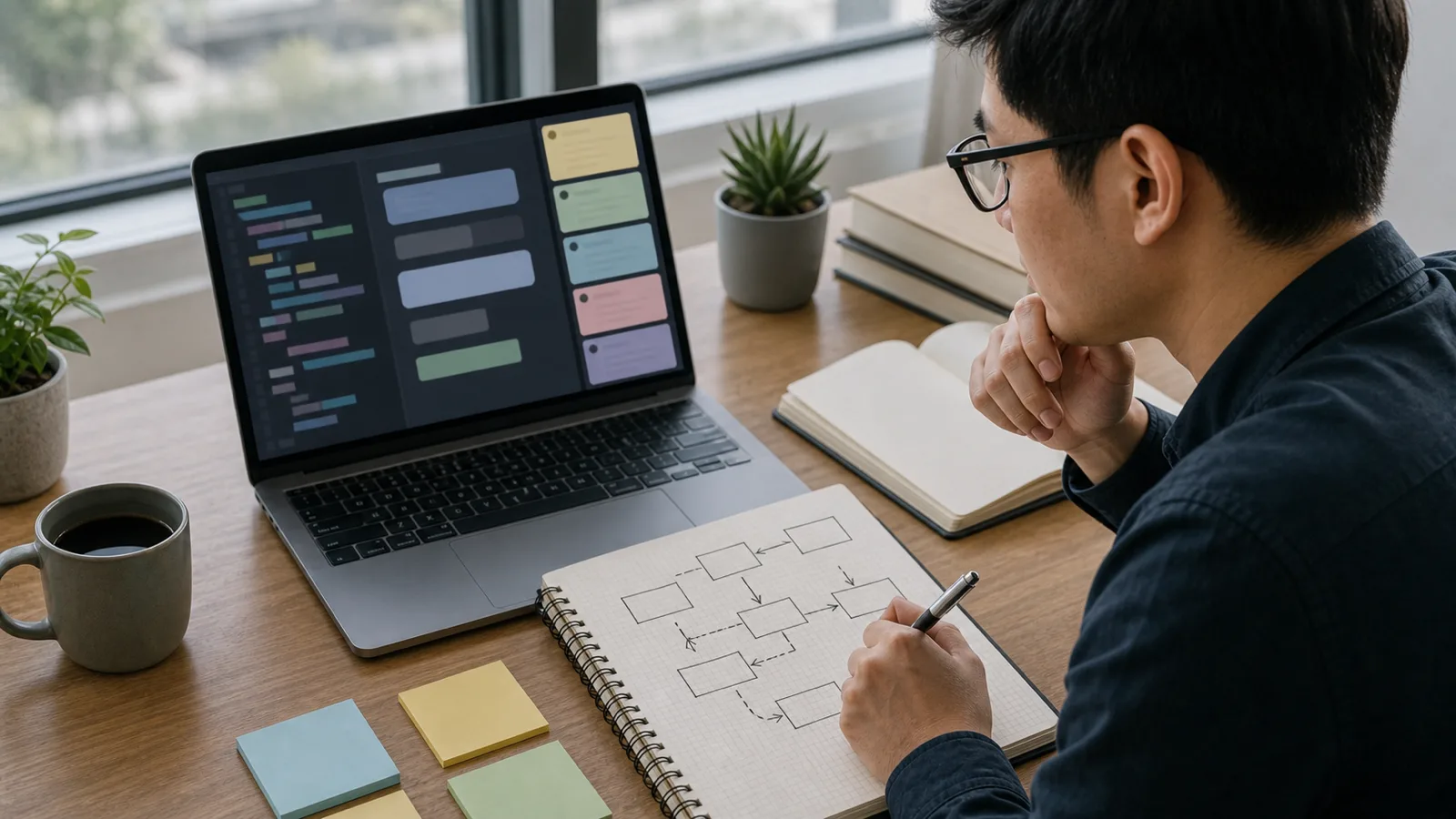 An engineer reviews abstract code blocks and colored source cards while sketching linked boxes in a notebook.