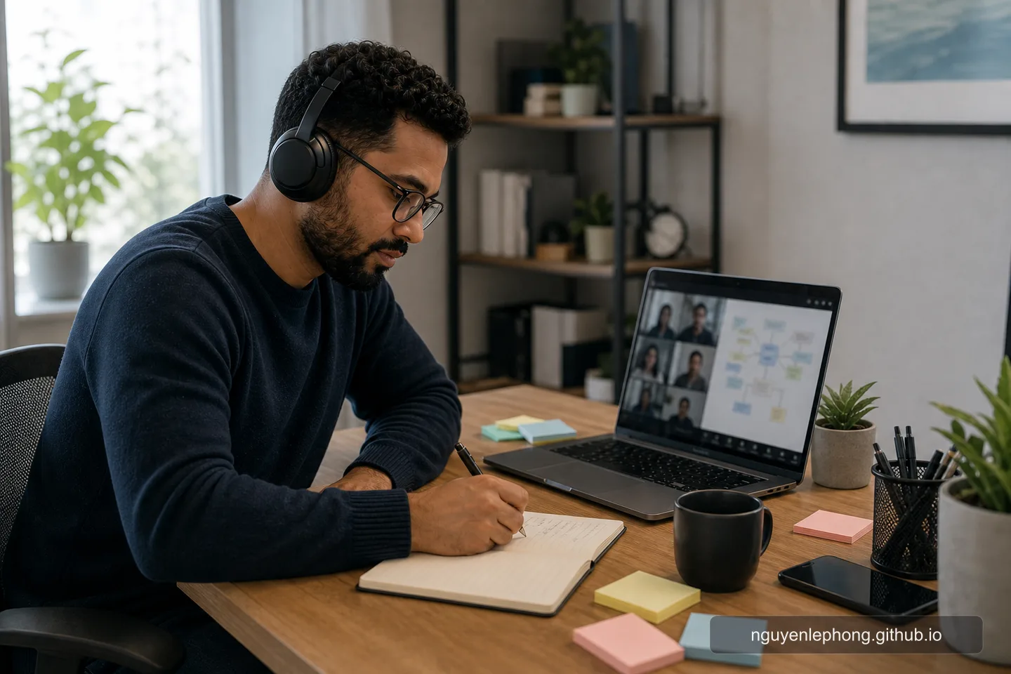 Một remote team lead viết decision note ngắn sau cuộc gọi, với laptop, tai nghe và cuốn sổ vẫn mở trên bàn.