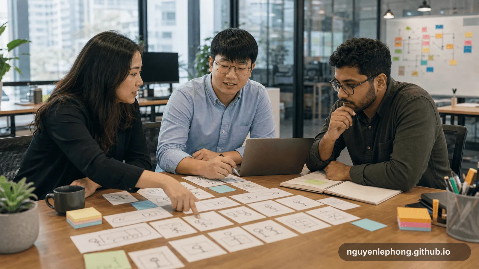 Những người làm product, QA và engineering cùng nghiêng vào bộ scenario card và laptop để làm rõ behavior huỷ đơn hàng.