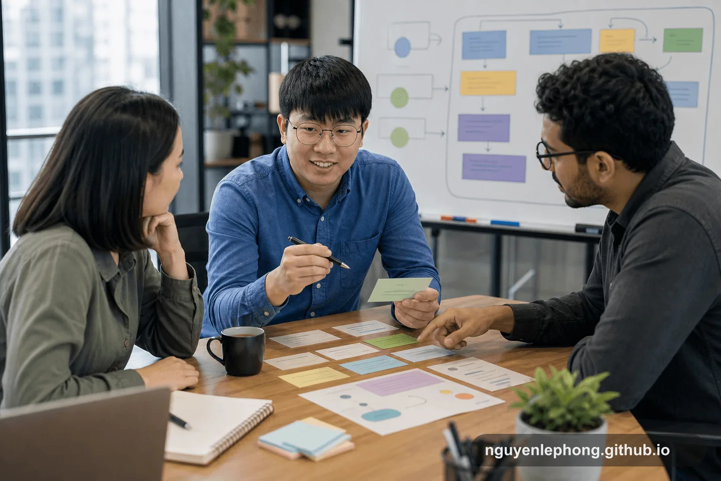 Ba teammate bình tĩnh so sánh example, ghi chú và sơ đồ flow để quyết định behavior nào đáng được automation.