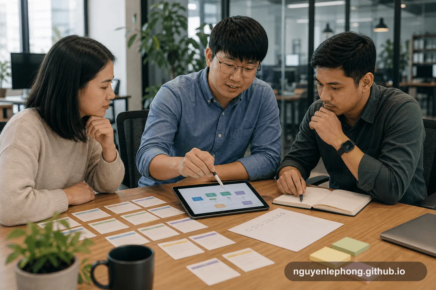Một nhóm nhỏ dùng card, tablet và example chung để chuyển chi tiết workflow kỹ thuật sang business language dễ cùng đọc.