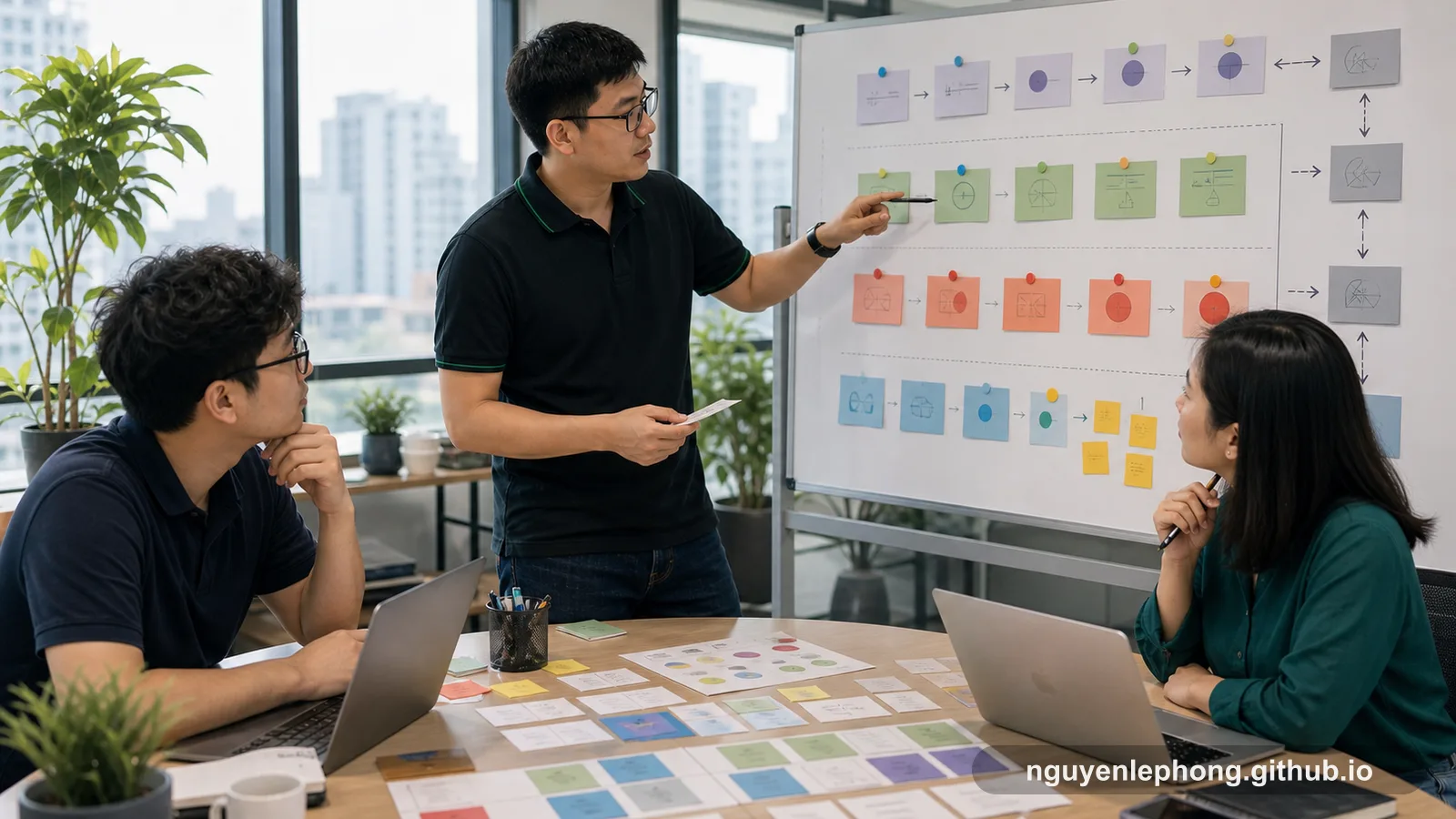 Nguyen Le Phong dẫn hai đồng đội đi qua một bảng workshop gồm các phương án và bước kiểm tra để định khung cách dùng LLM với boundary rõ hơn.