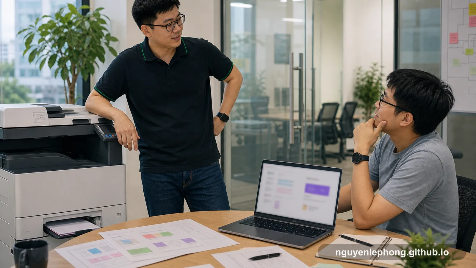 Nguyen Le Phong và một đồng đội dừng lại cạnh máy in và laptop đang hiện câu trả lời AI trừu tượng, trong lúc các bản phác requirement nằm rải trên bàn.