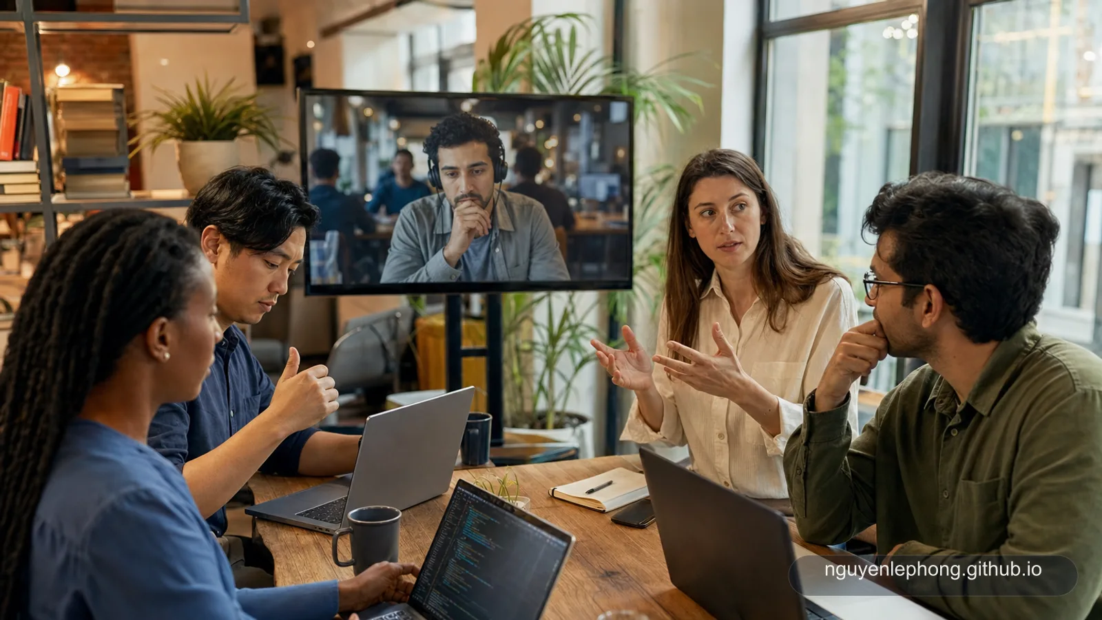 A diverse engineering team in a hybrid standup, with one teammate joining remotely while others compare product context and risk.