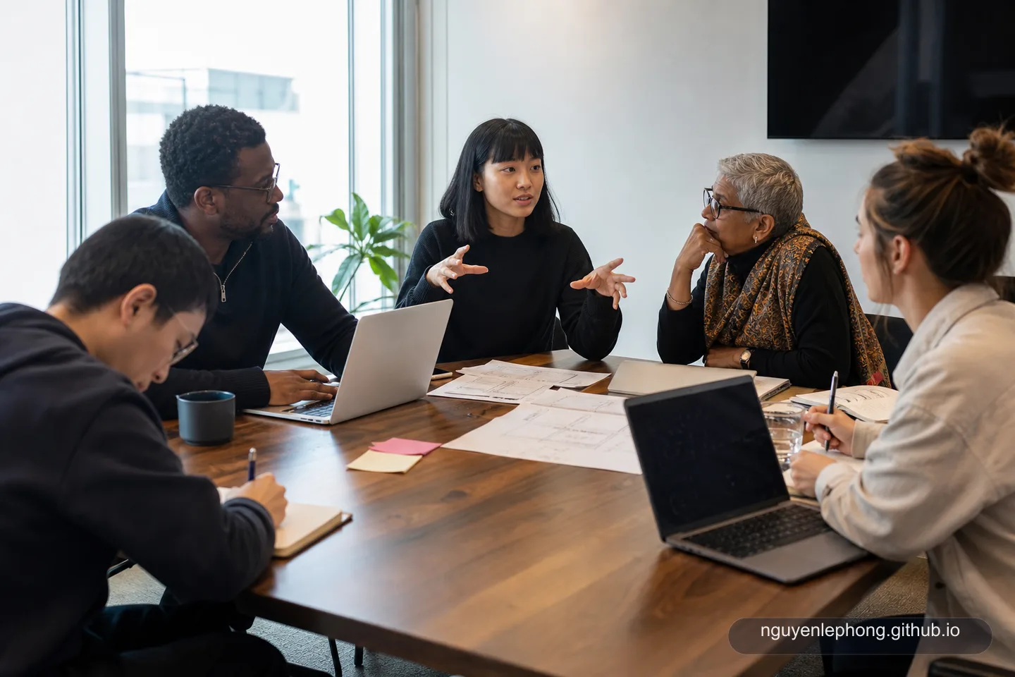 A diverse engineering team reviewing notes and agendas together while a quieter teammate explains a point and the rest of the room listens carefully.
