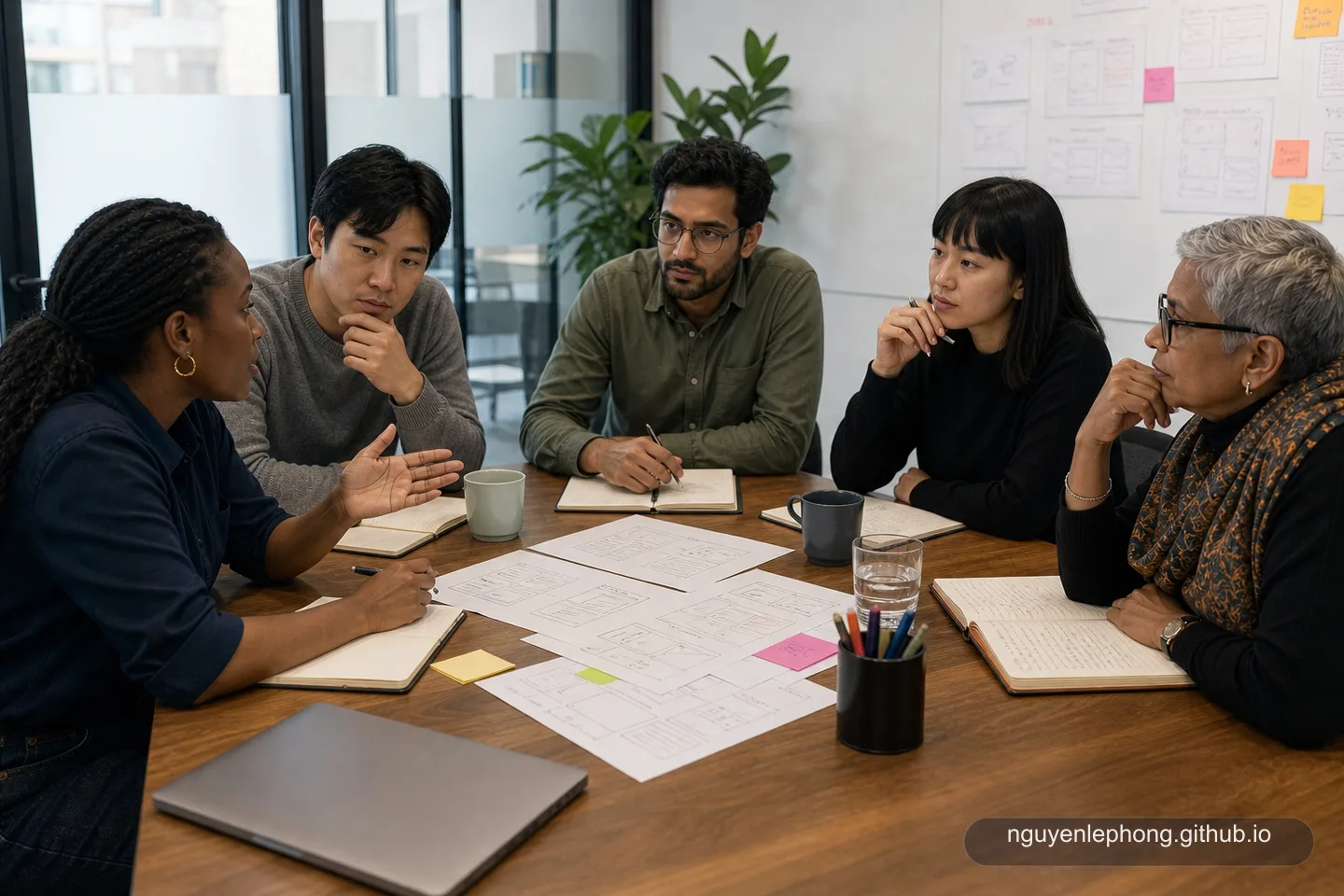 A diverse engineering team discussing product risk together around sketches and notebooks in a meeting room.