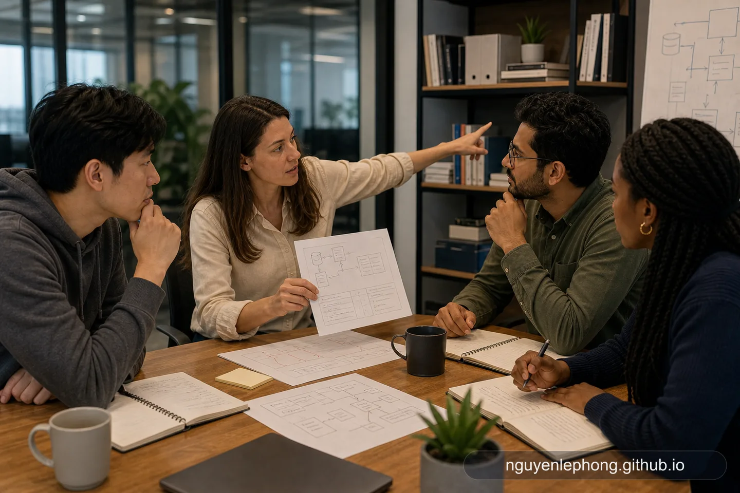 A product team reviews a hand-drawn data-flow diagram while discussing cache keys, TTL boundaries, and the system's source of truth.