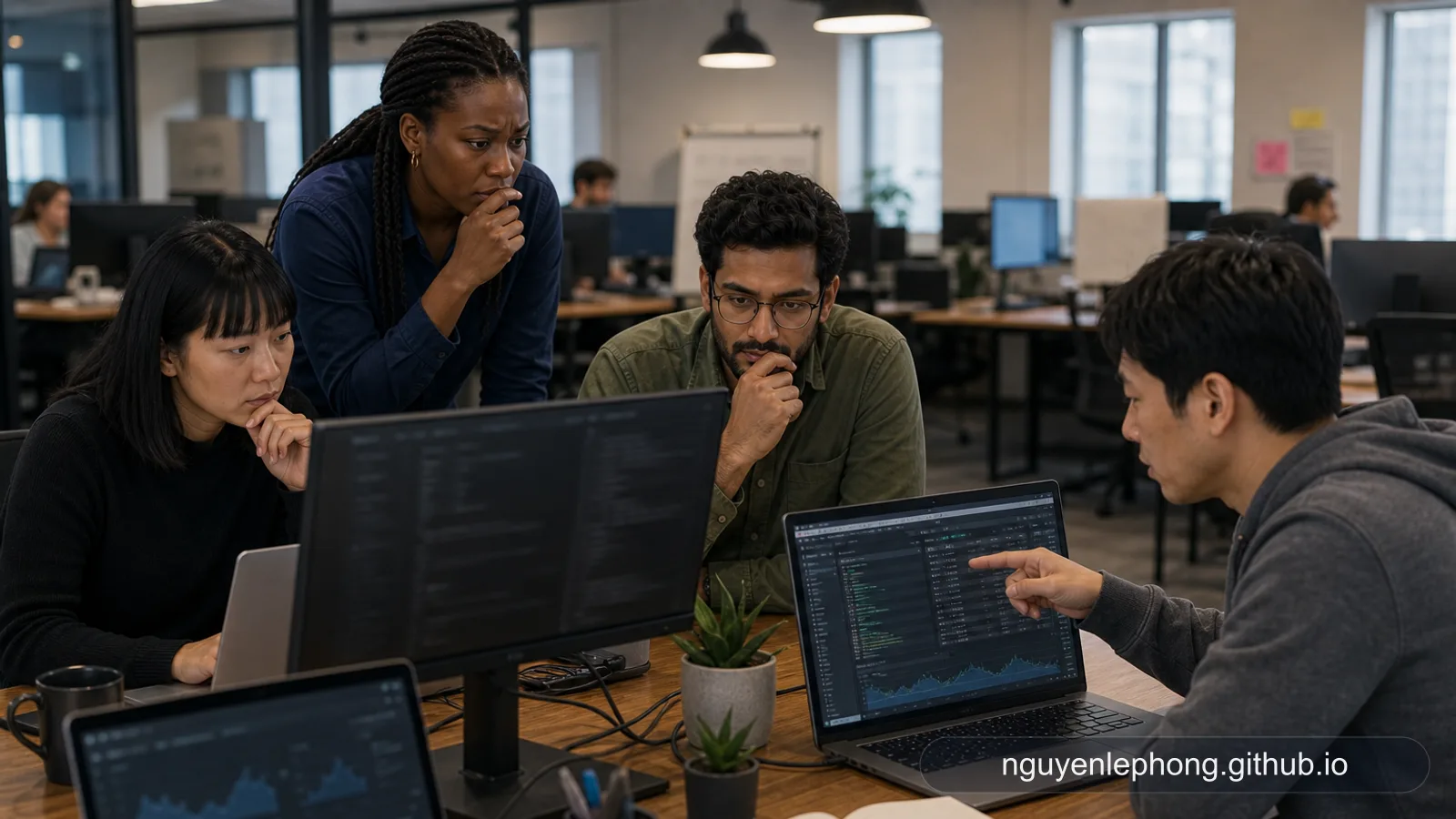 Four engineers gather around a slow analytics dashboard and discuss whether adding a cache will actually solve the problem.