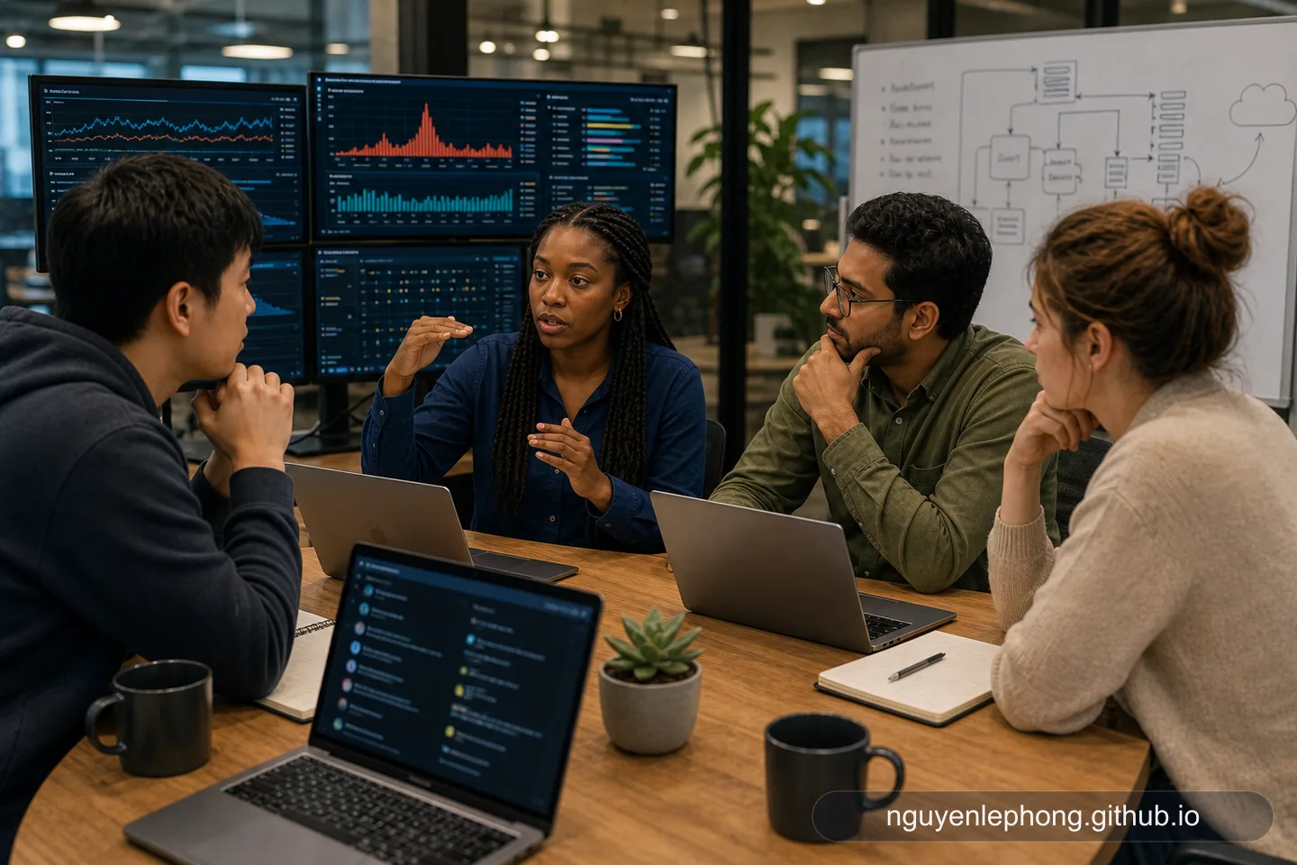 Engineers review live monitoring dashboards and an event-flow diagram while talking through cache expiry spikes and stampede protection.