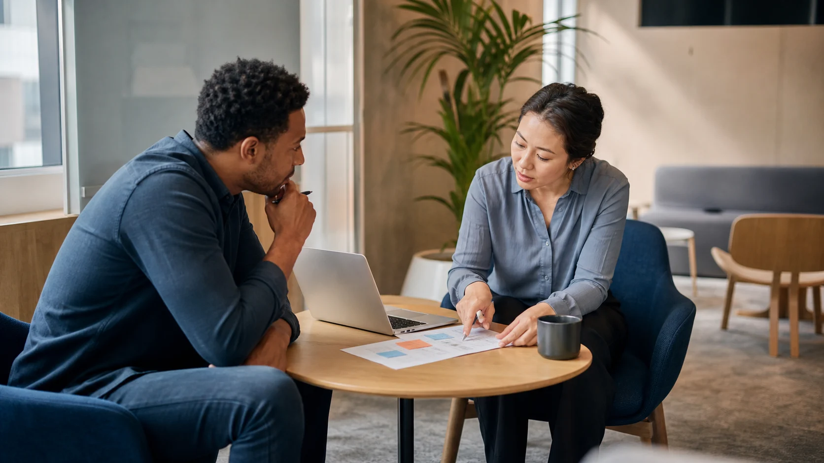 Two teammates sit at a small office table and discuss feedback calmly over notes and a laptop.