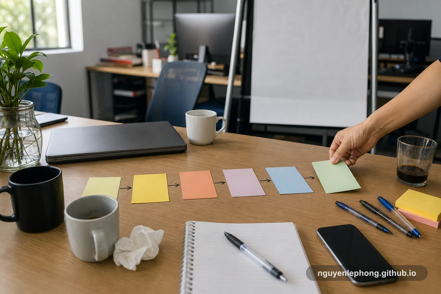 Một bàn sửa chữa yên với ly cà phê, thẻ timeline và một bàn tay đang đặt thêm một thẻ follow-up vào chuỗi sau incident.