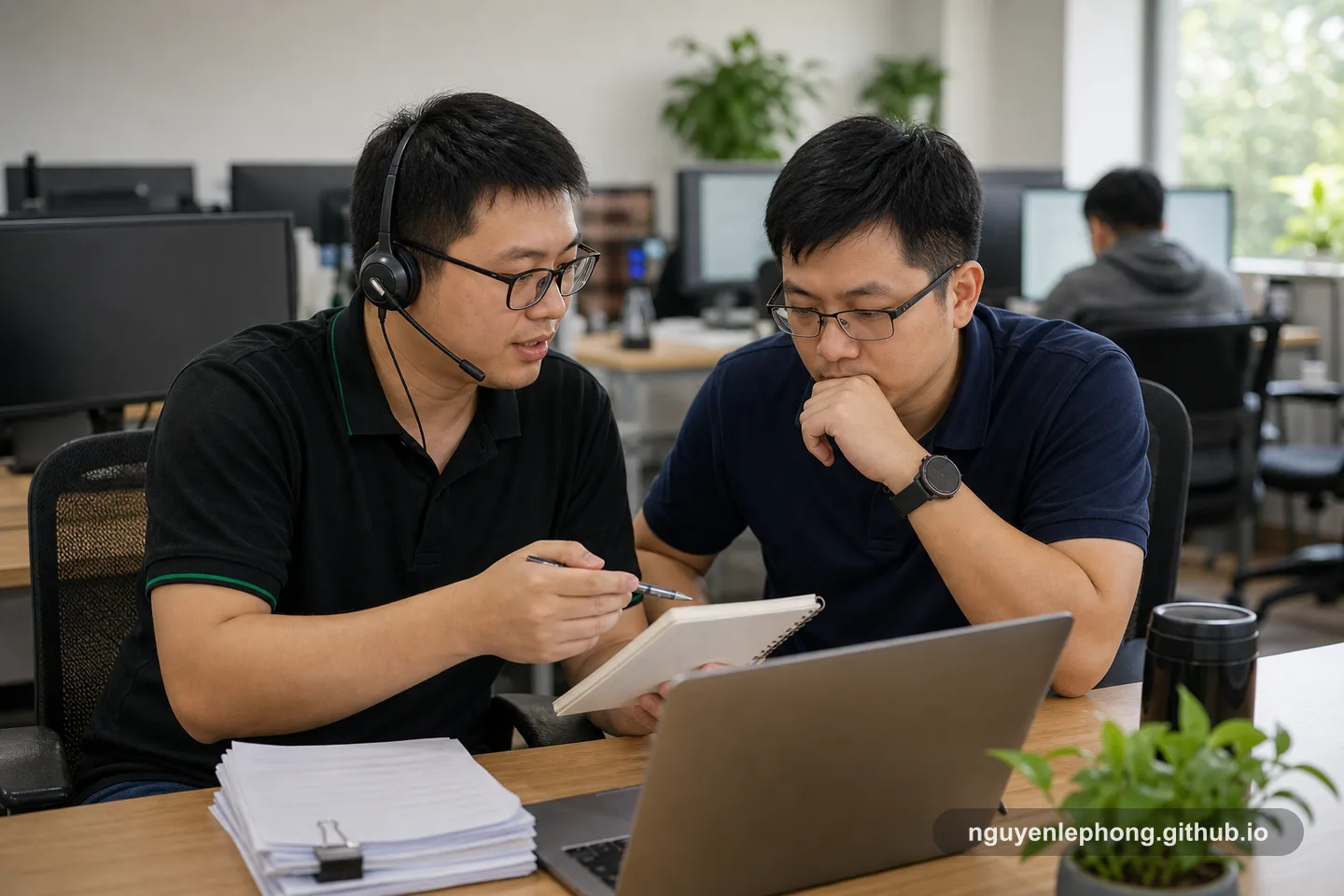 Một teammate ở support bình tĩnh nêu lên tín hiệu sớm từ cuốn sổ tay trong khi một engineer ngồi cạnh lắng nghe rất kỹ.