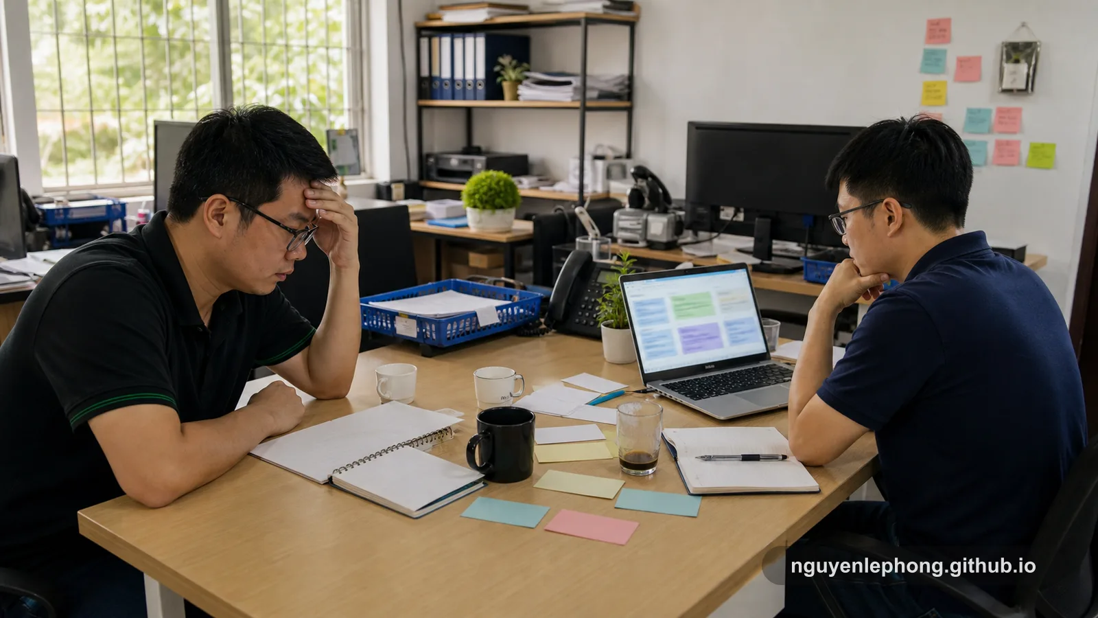 Hai đồng nghiệp mệt nhưng bình tĩnh ngồi với sổ tay, ly cà phê và laptop làm mờ trong một văn phòng yên sau incident, cố hiểu chuyện gì đã xảy ra mà không biến nó thành màn trình diễn.