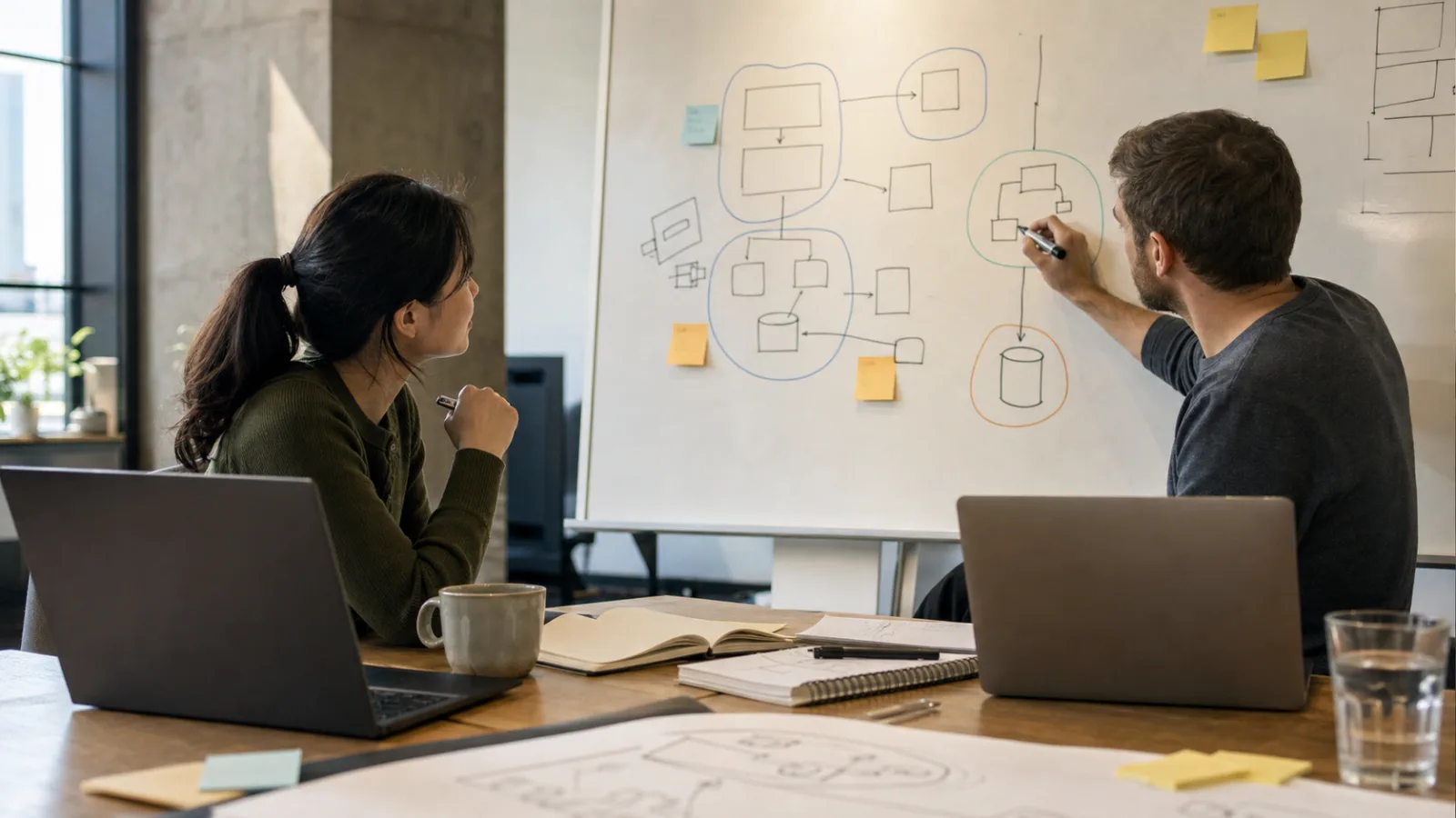 Hai kỹ sư vẽ software boundary và domain boundary trên whiteboard trong một buổi thảo luận architecture bình tĩnh.