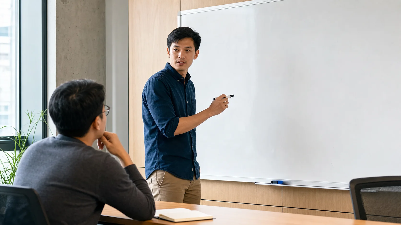 Một software engineer dừng lại bên bảng trắng để hỏi làm rõ bài toán trong System Design Interview.