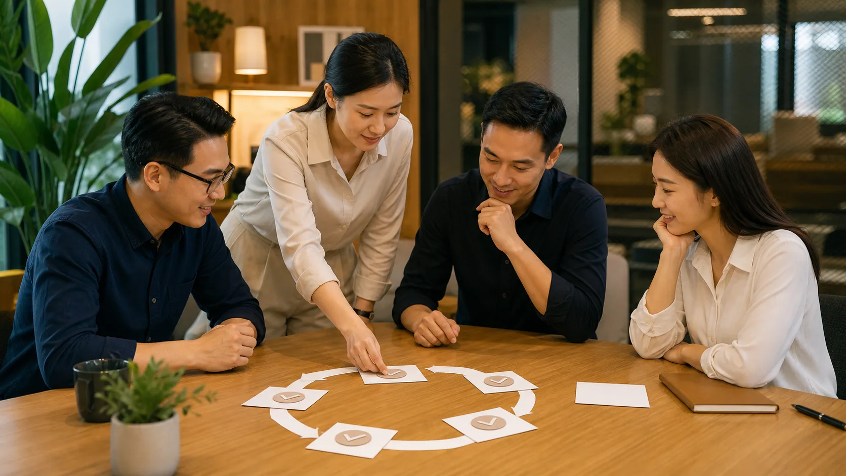 Một team nhỏ sắp các card trống thành vòng flow trên bàn trước khi đặt một card mới ở cạnh bên.