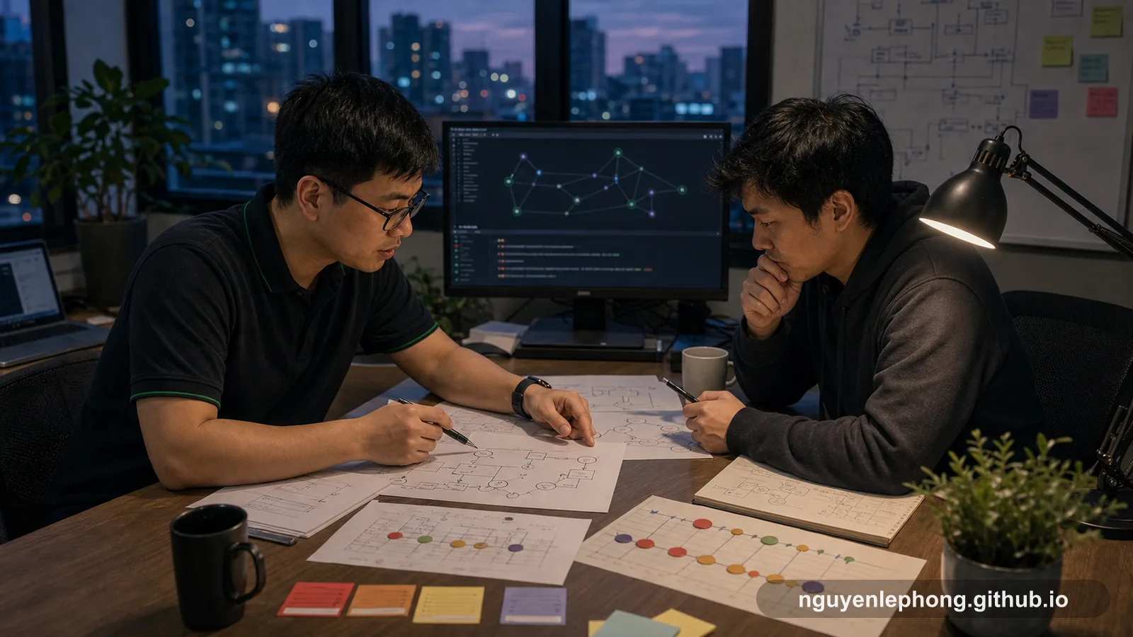 Nguyen Le Phong cùng một đồng đội nhìn vào pull request có AI hỗ trợ và sơ đồ flow trên màn hình lớn trong một phòng review cuối ngày.