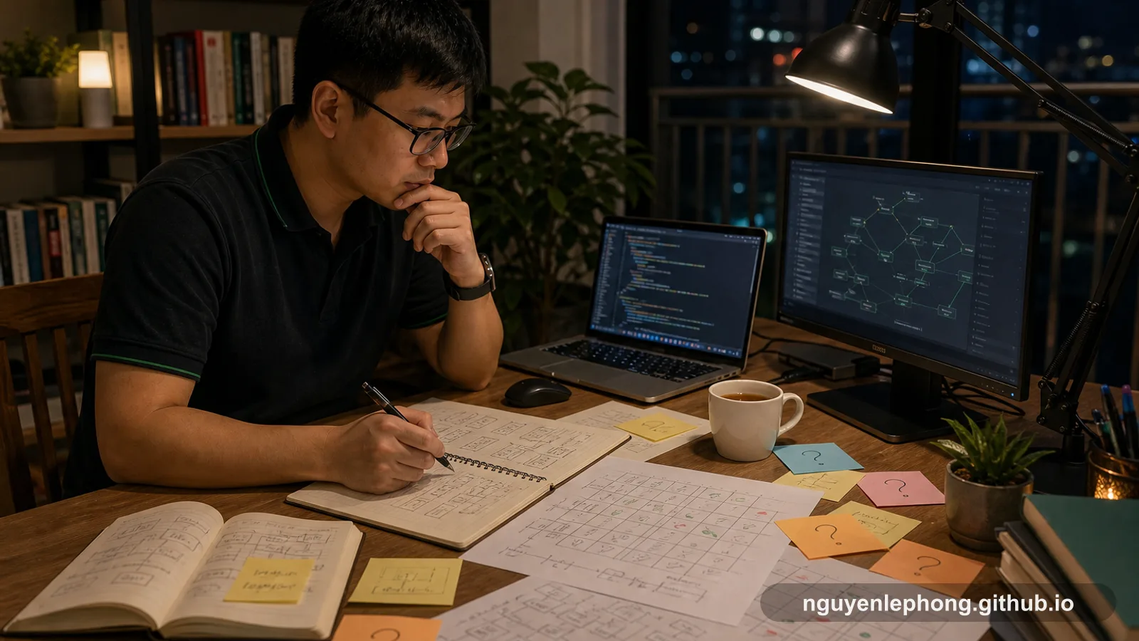 Nguyen Le Phong ngồi một mình ở bàn làm việc tại nhà vào ban đêm, đối chiếu code, dependency map và những câu hỏi viết tay để dựng lại mental model.