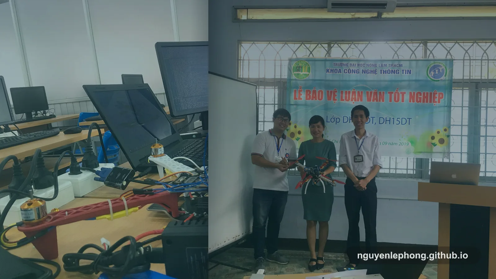 Nguyen Le Phong and teammates present a drone project beside a real prototype workbench, keeping the people, hardware, and environment visible together.