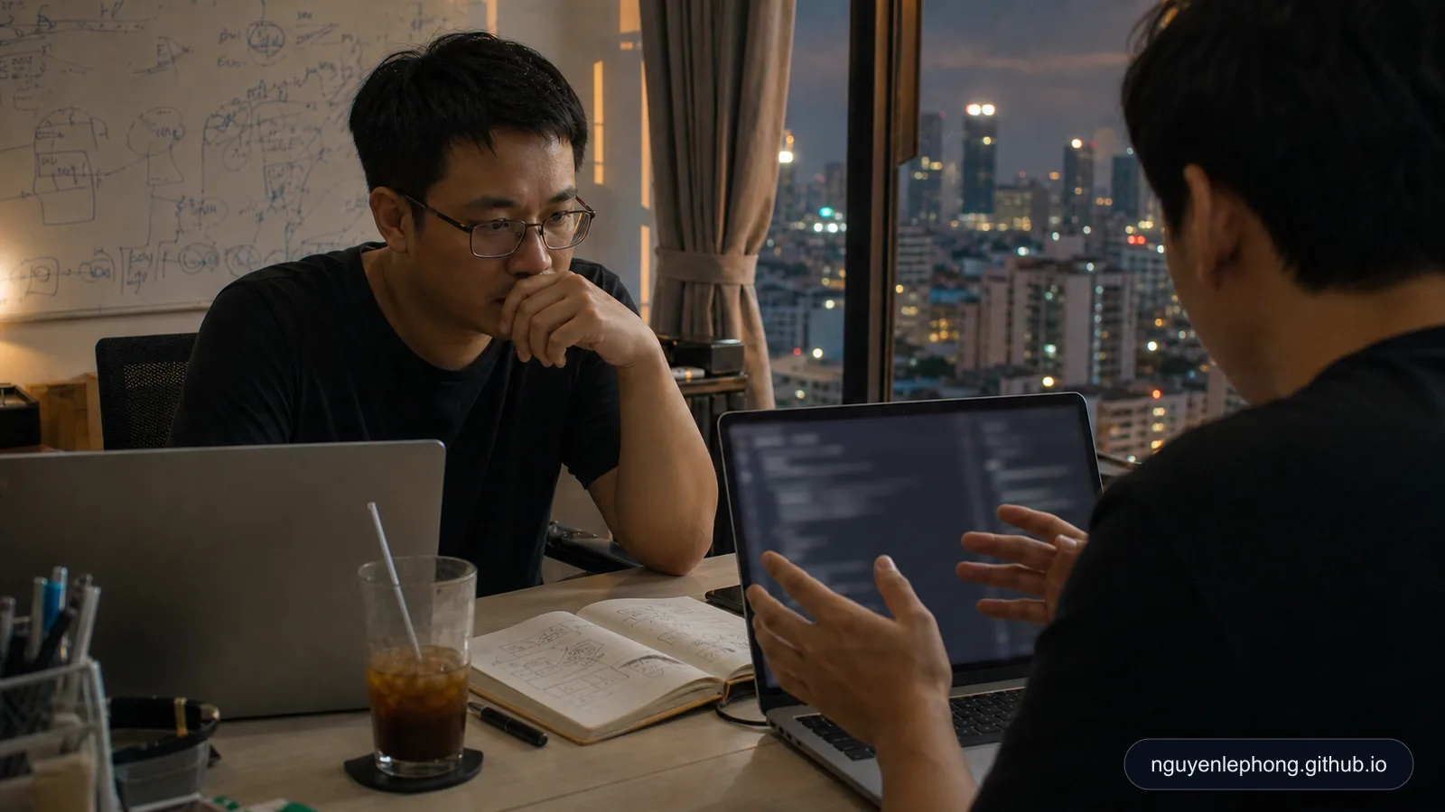 Hai engineer người Việt ngồi trước một phiên debug cùng AI đã kéo dài trong văn phòng ở TP.HCM lúc chạng vạng, khi màn hình đã được làm mờ nhưng áp lực của bài toán vẫn còn nguyên.