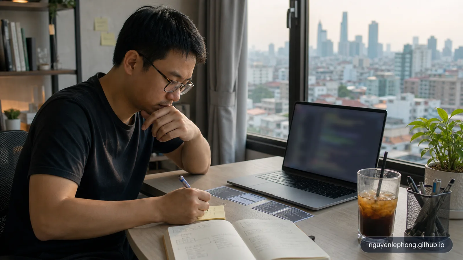 Một engineer người Việt giữ một task-state note ngắn bên cạnh chiếc laptop đã được làm mờ khi reset lại một AI session trong góc làm việc ở TP.HCM.