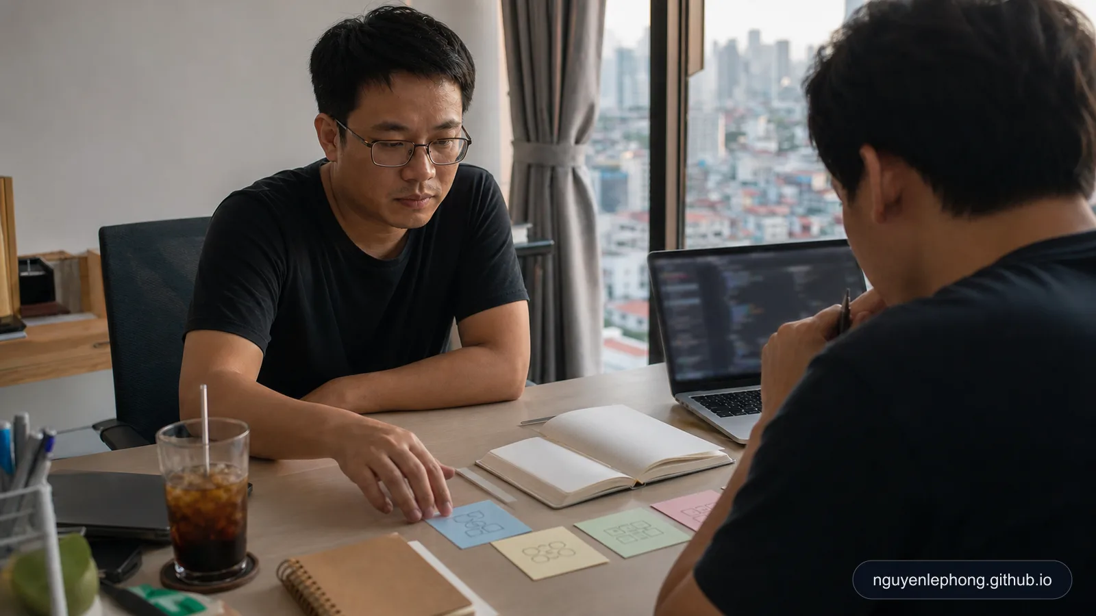 Hai engineer thu gọn một AI workflow bừa bộn thành vài thẻ working set đầy màu bên cạnh laptop trong một văn phòng giữa thành phố.