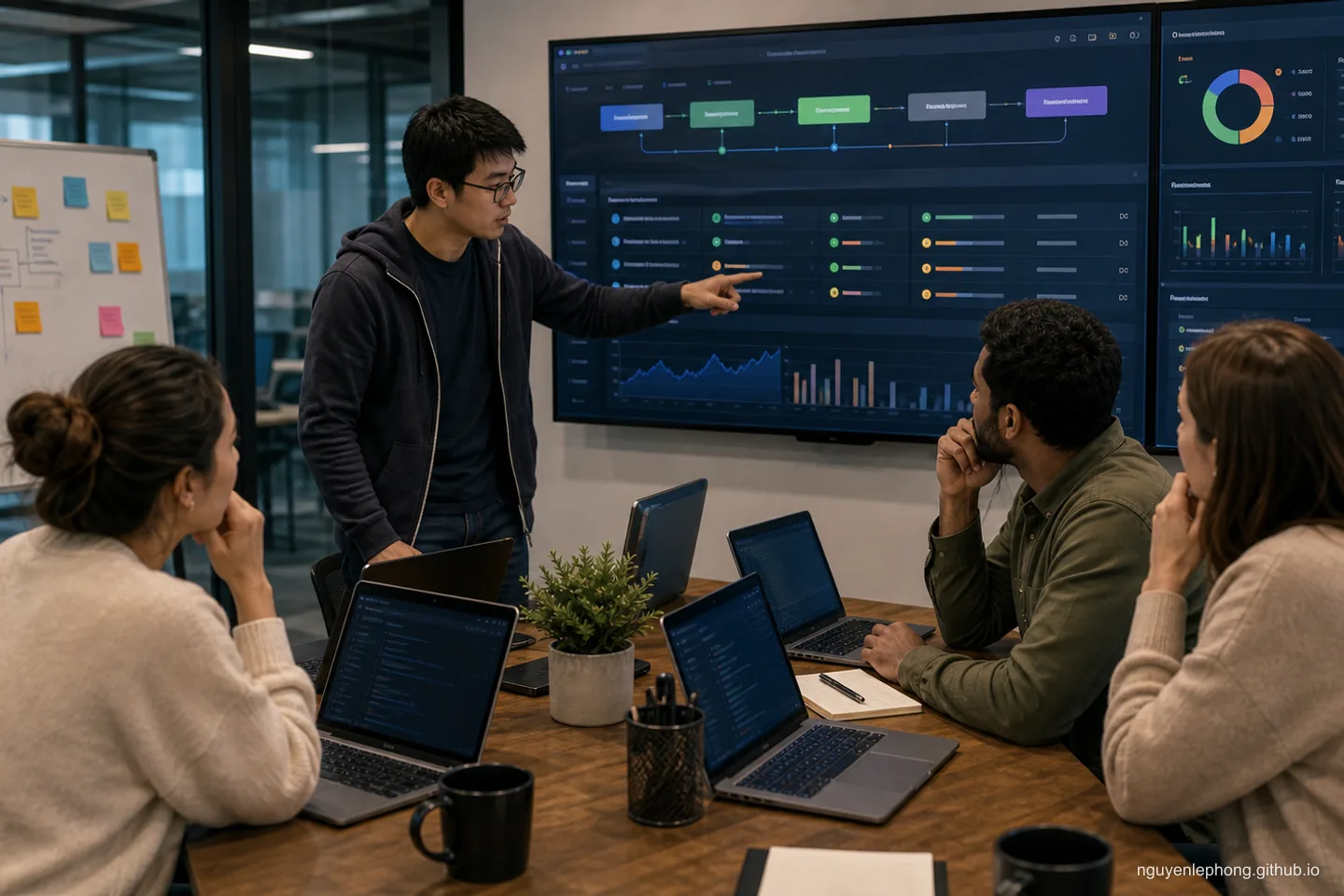 Engineers watch rollout signals and feature-flag states as they connect frequent integration with controlled release exposure.