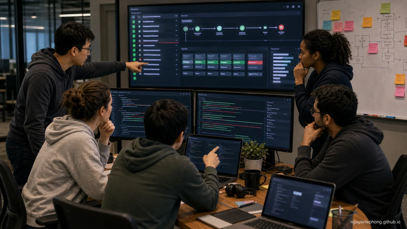 Engineers gather around failing pipeline signals as several pull requests land at once and shared code comes under pressure.