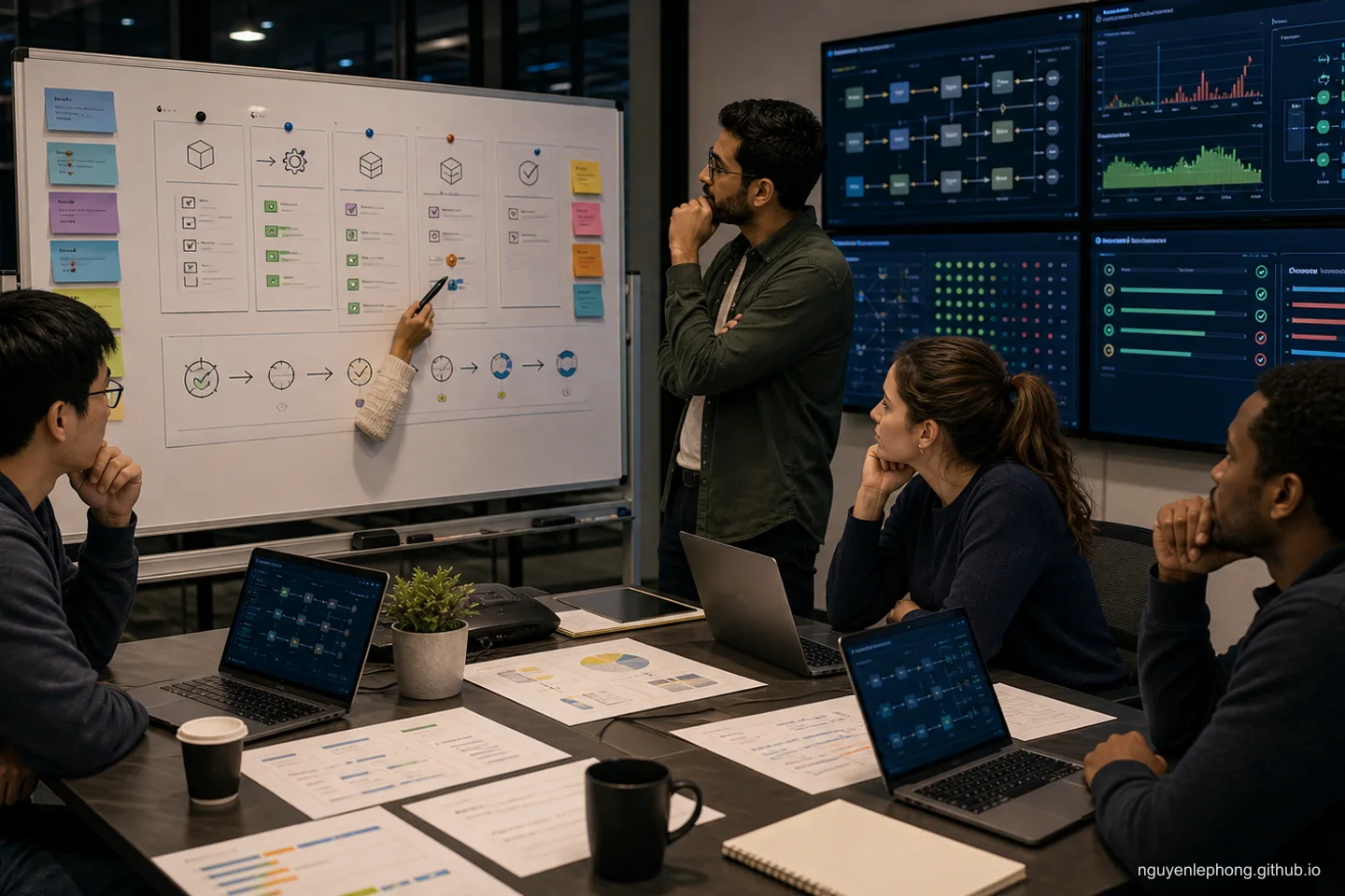 A delivery team reviews release readiness, environment checks, and rollback planning as part of a calm deployment routine.