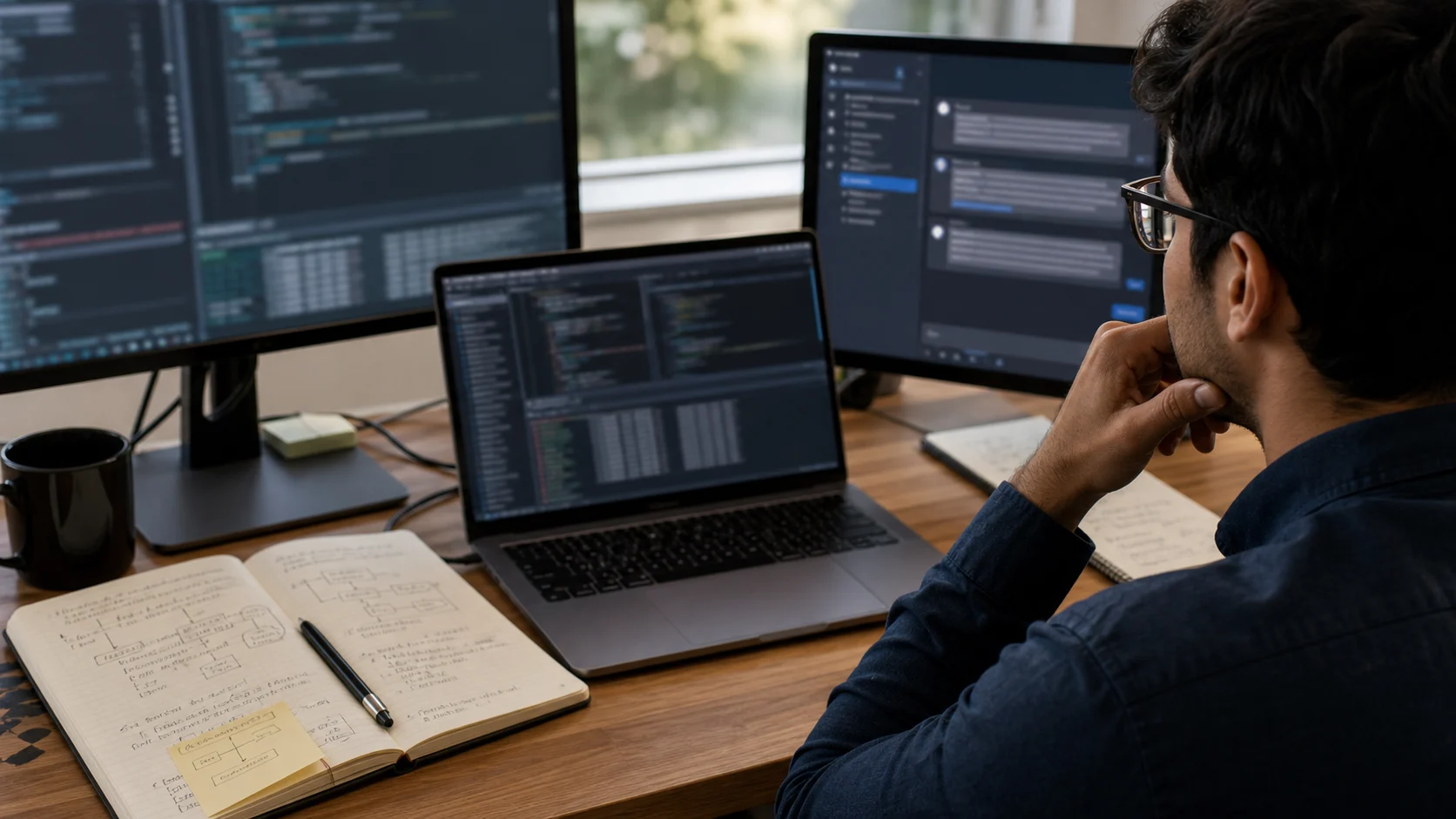 Một kỹ sư so sánh câu trả lời kiểu AI với code, log, test và ghi chú kiểm chứng trước khi hành động.