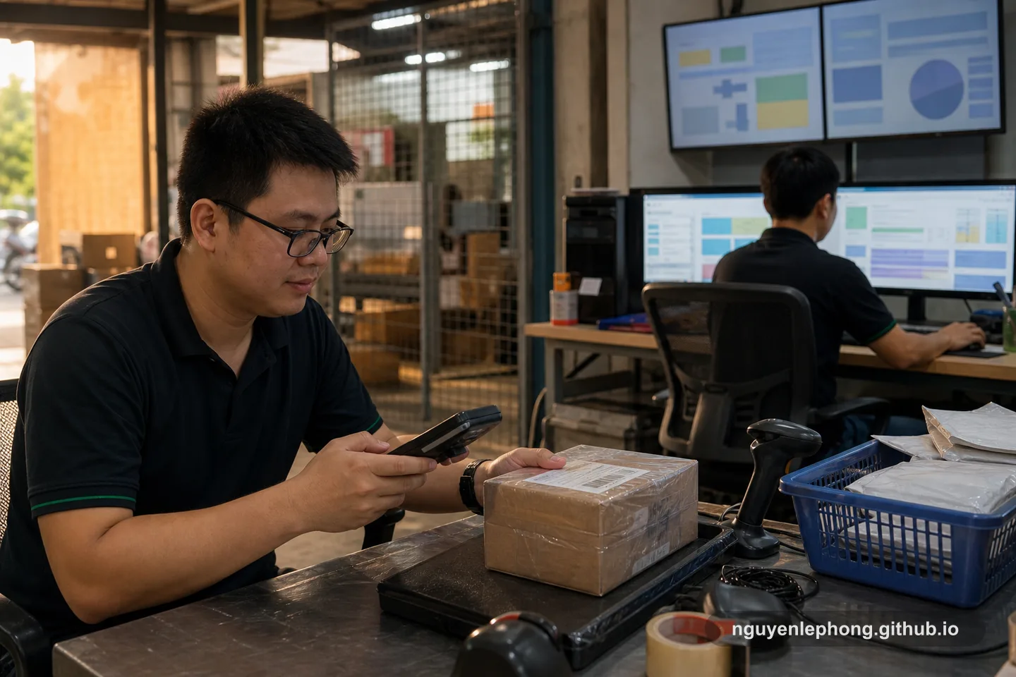 Một người vận hành vừa kiểm tra kiện hàng mới quét, trong khi phía sau là trạm reporting riêng đang cập nhật trên màn hình khác.
