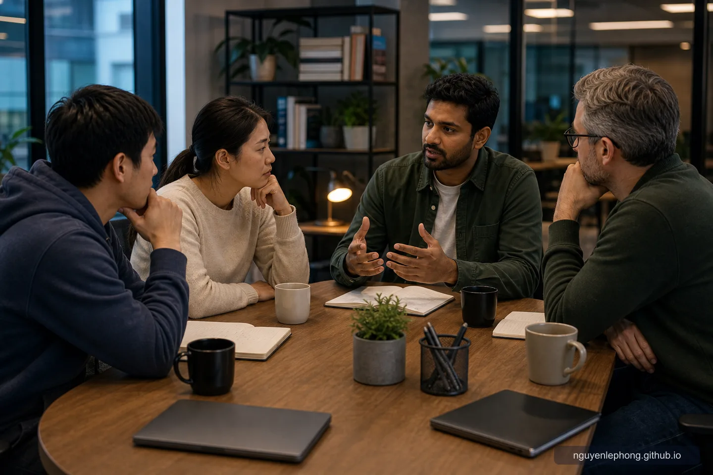 Một engineering lead mở cuộc debrief thẳng thắn trong khi các teammate lắng nghe đủ kỹ để câu chuyện thật có thể xuất hiện sớm.