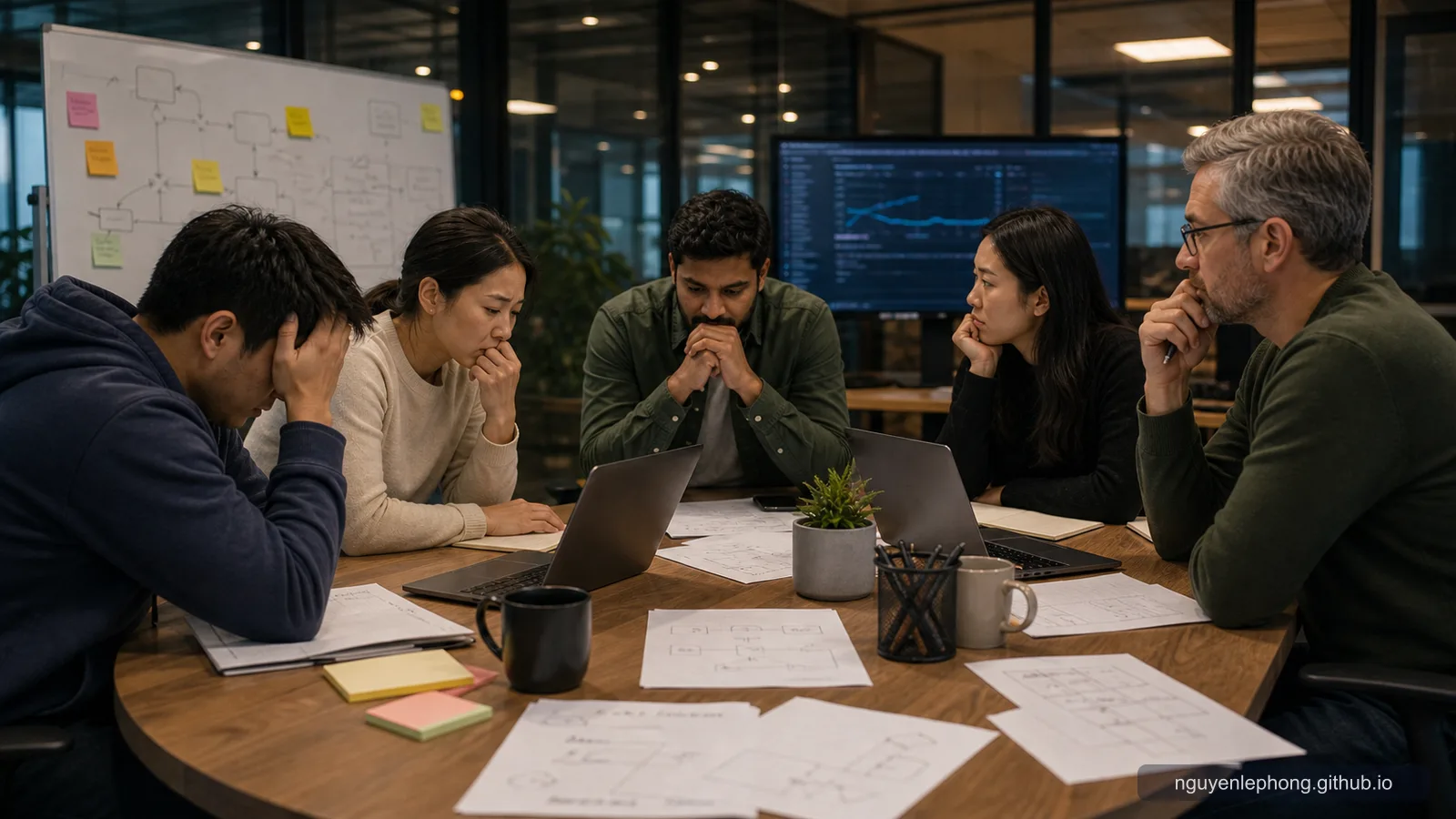 Một team kỹ thuật ngồi im lặng trong phòng incident review sau outage, mang theo cảm giác ai cũng biết deployment nào đã gây ra chuyện.