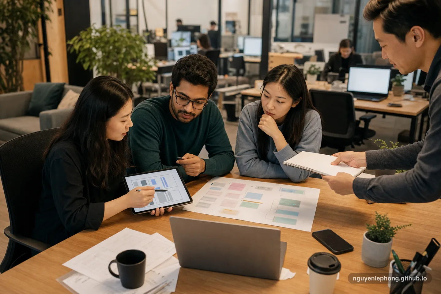 A designer, engineer, QA colleague, and product manager compare a prototype and notes before context is lost in handoff.