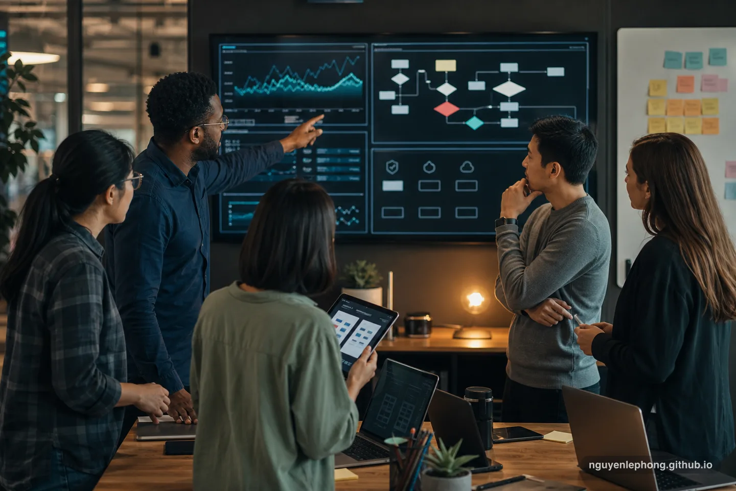 A cross-functional team reviews dashboards and a prototype together before release readiness decisions.
